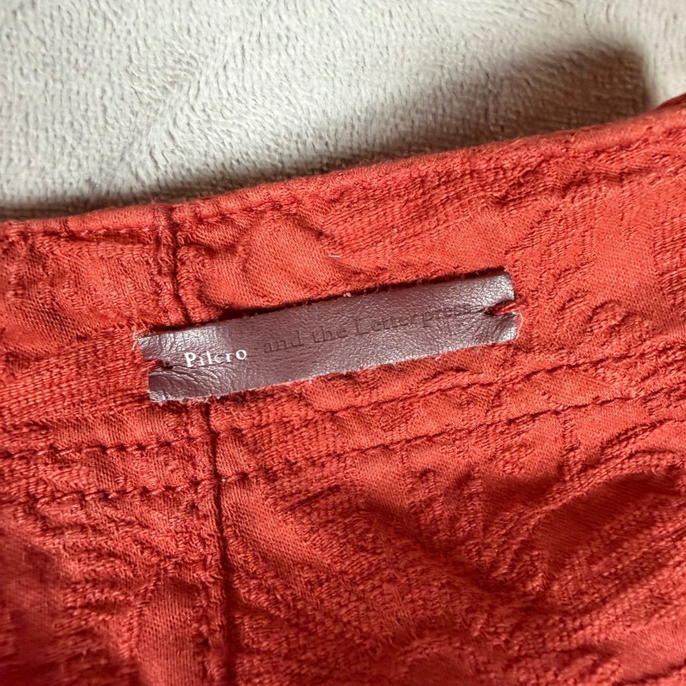 Anthropologie Pilcro High Rise Skinny Pants Rust Orange Floral Jacquard Size 32 - Picture 9 of 10